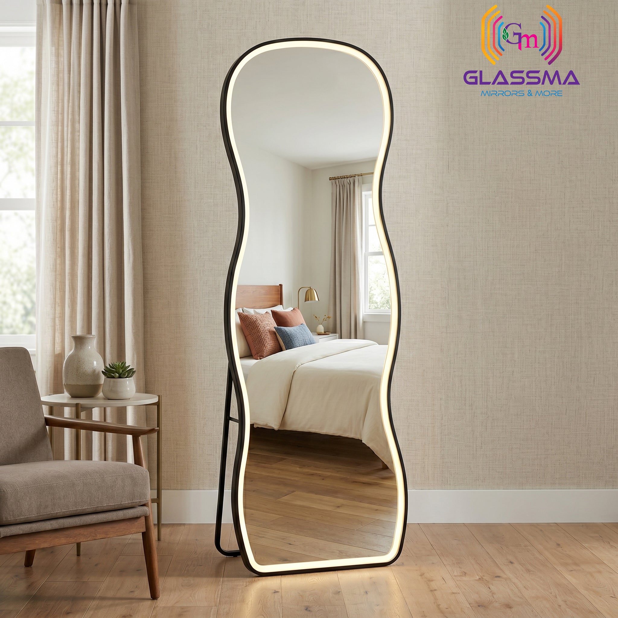Irregular Aluminum Black Framed Full-Length LED Mirror - Modern Designer Plain Wall Mirror